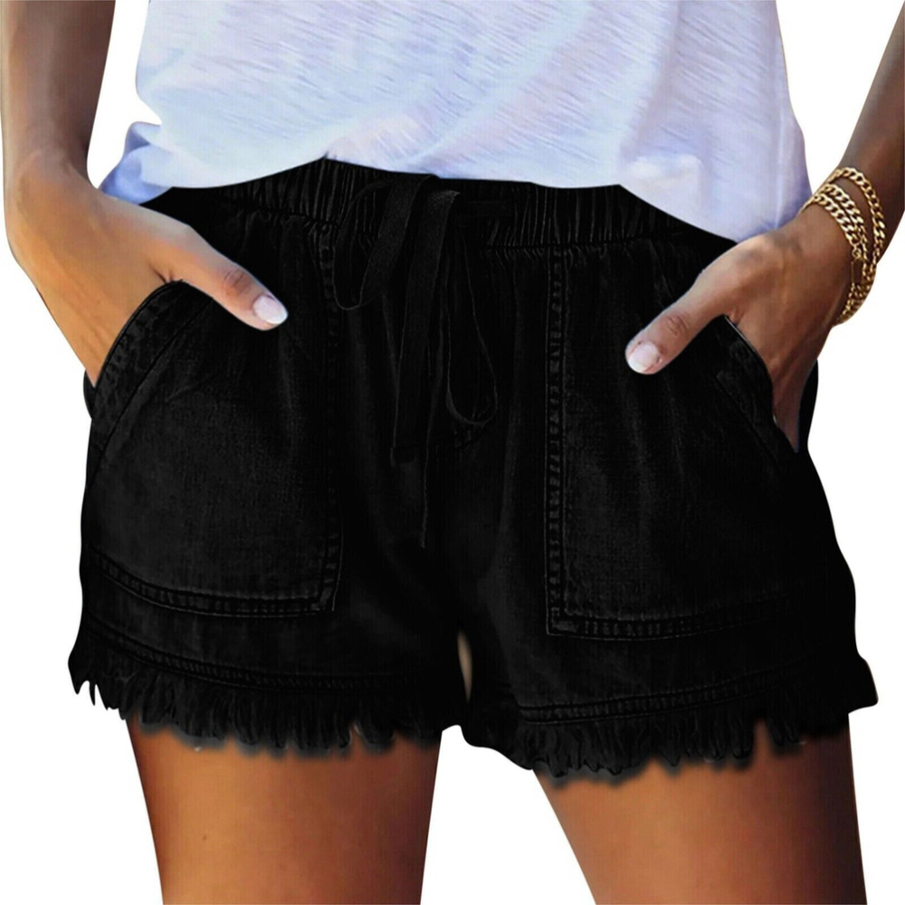 Women Drawstring Denim Shorts Burred Detail Pockets Comfy Baggy in Black Size M